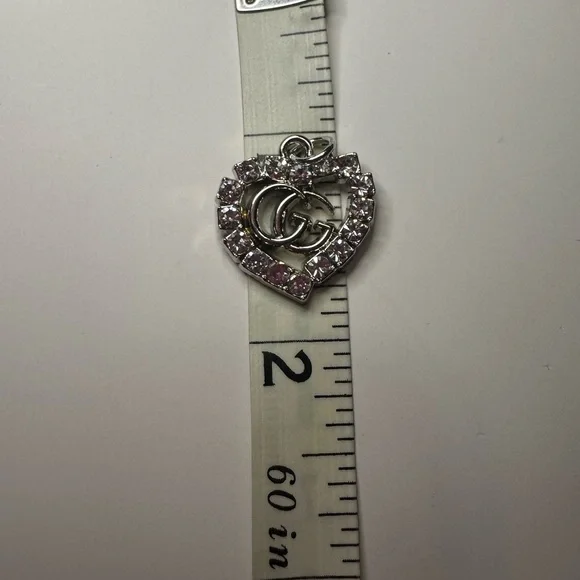 Gucci Silver Heart Zipper Pull Charm with Logo and Clear Stones